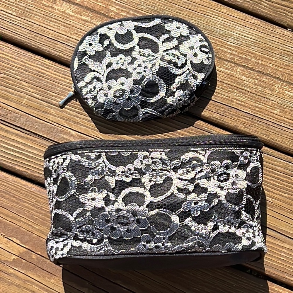 2-Piece Cosmetics/Make-Up Bag Set. Silver/Black Lace Outer, black inner.